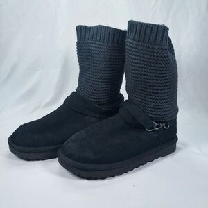 UGG Classic Womens Black Suede Knit Cuff Mid Calf Winter Boots Cozy Casual